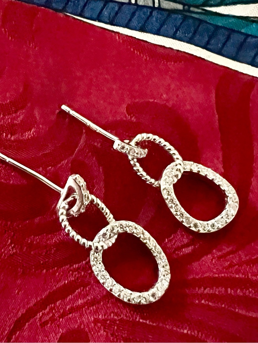 Vintage Style 925 Sterling Silver Two Circle Dangle Post Earrings Tiny Stones